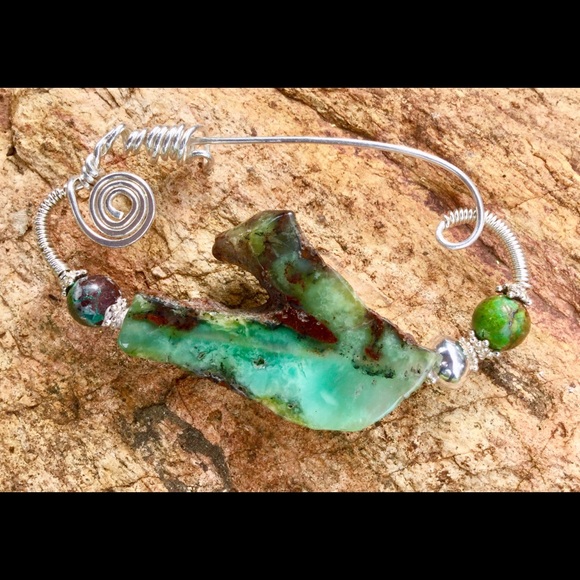 Chrysoprase and fine silver hand wrapped brooch